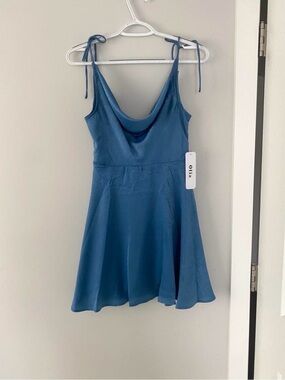 Blue Satin Cowl Neck Mini Dress with Tie Straps